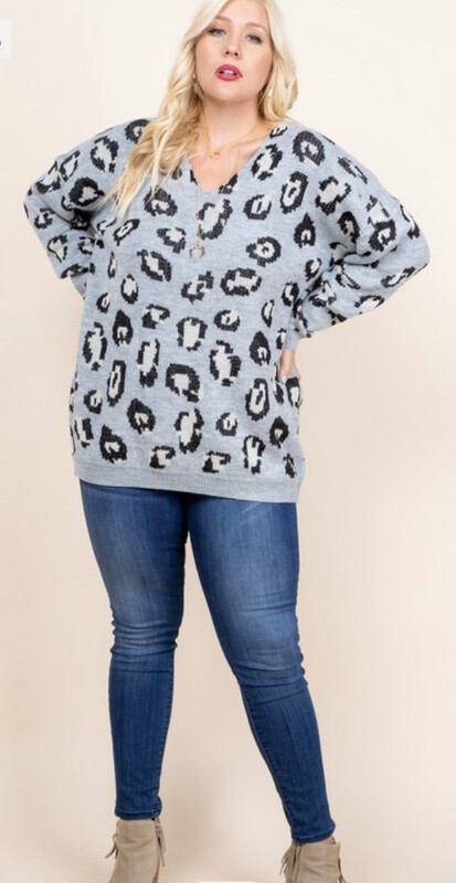 Grey Leopard Knit Sweater