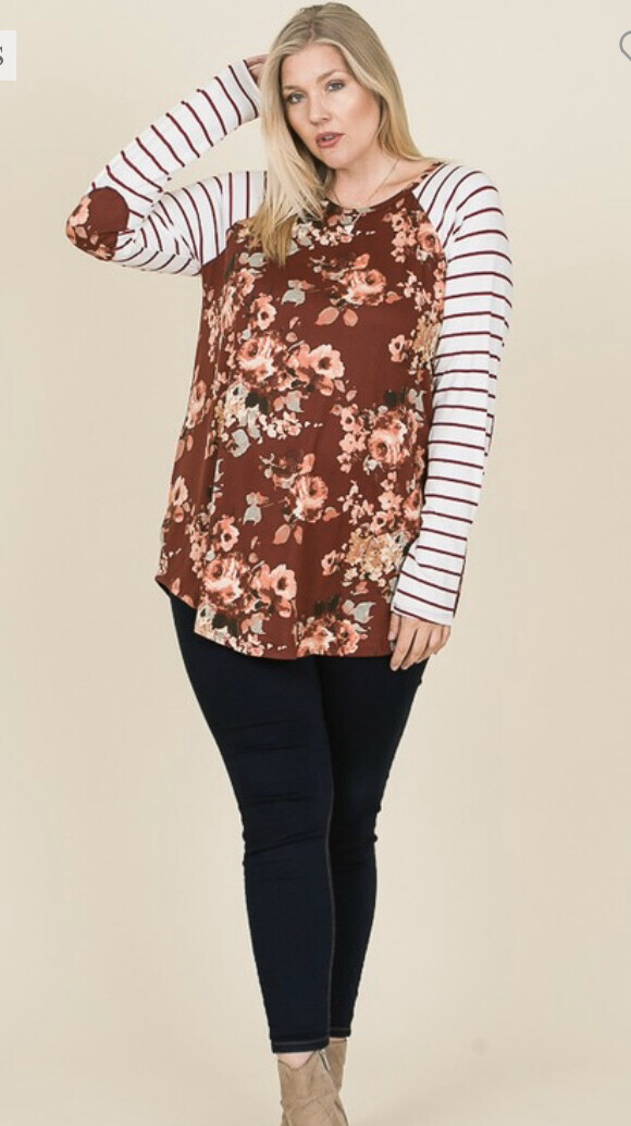 Wine Floral Top with Stripe Sleeves