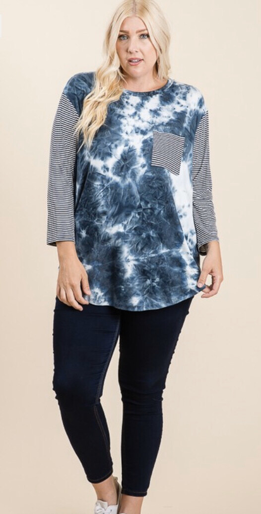 Navy Tie Dye with Stripe Sleeve Top