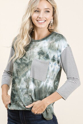 Olive Tie Dye with Stripe Sleeve Top