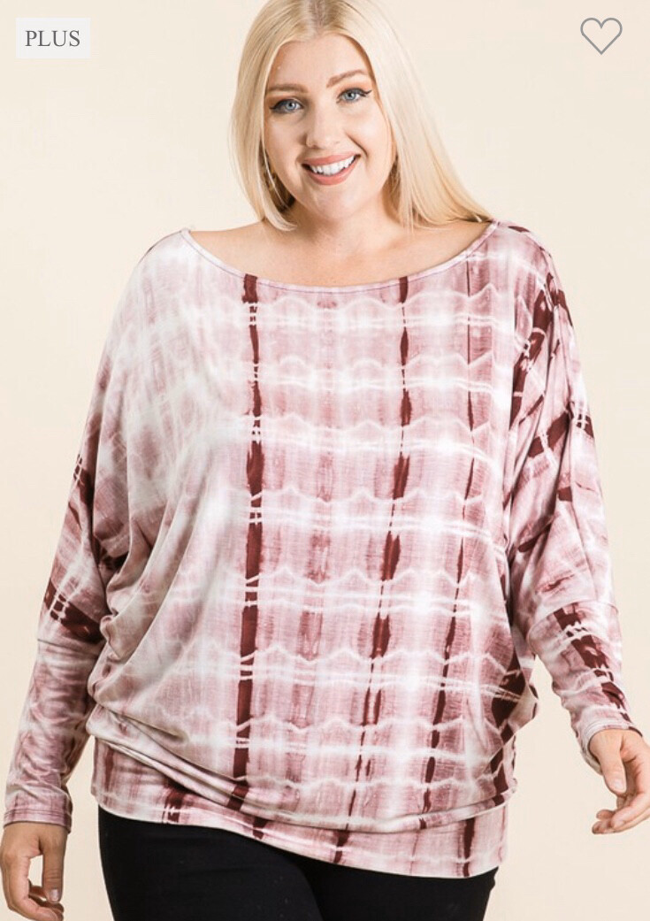 Burgundy Tie Dye 3/4 Sleeve Top