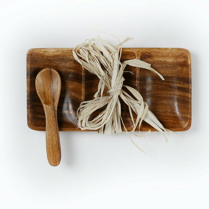 Acacia Wood 3-Compartment Tray with Spoon