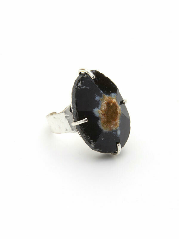 Black Agate Adjustable Stone Silver Ring