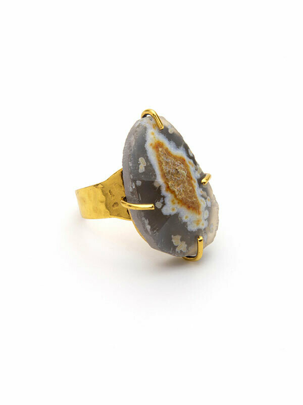 Grey Agate. Adjustable Stone Gold Ring
