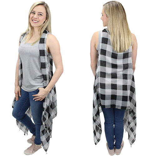 Black and White Plaid Vest with Tassels One Size