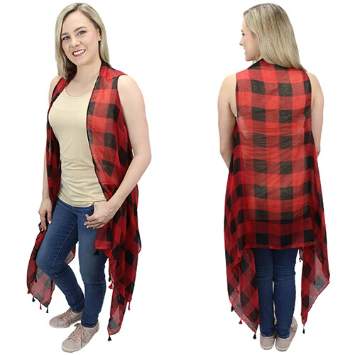 Red and Black Plaid Vest with Tassels One Size