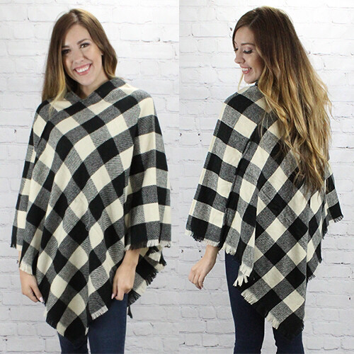 Black and White Plaid Pancho One Size