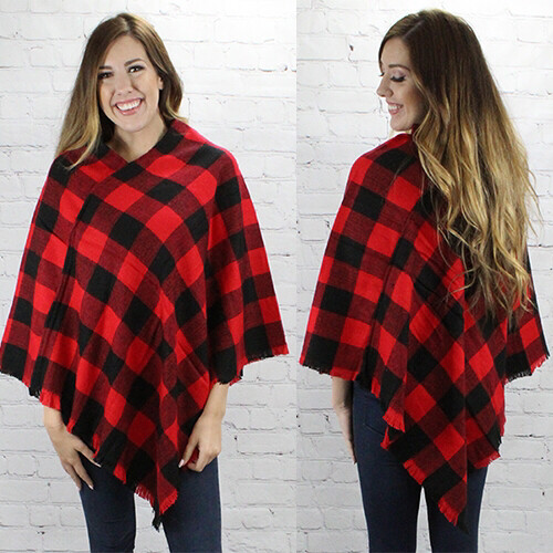 Red and Black Plaid Pancho One Size