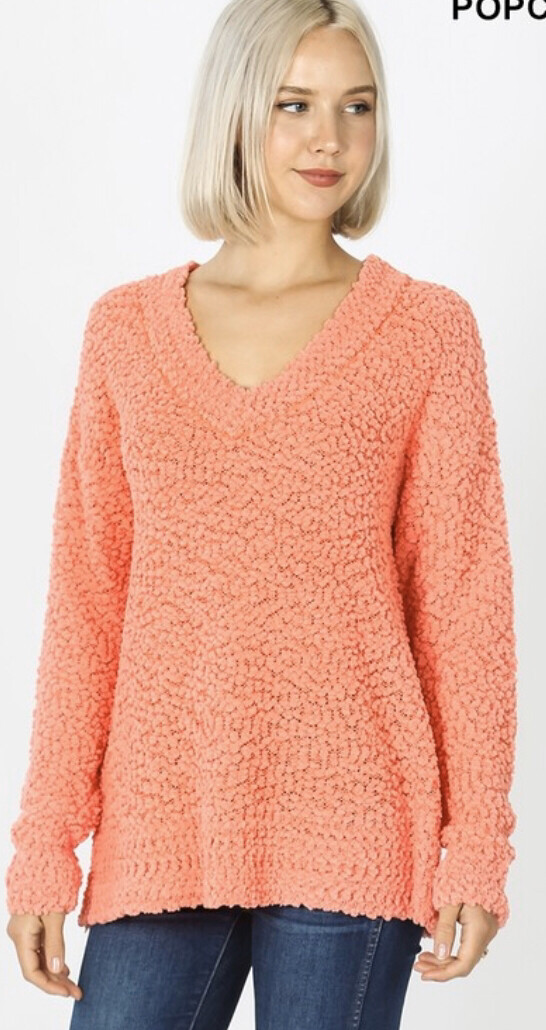 Coral V-neck Popcorn Sweater