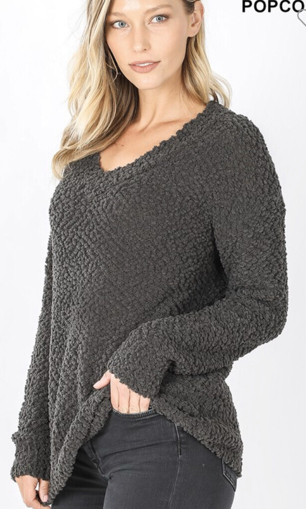 Charcoal V-neck Popcorn Sweater