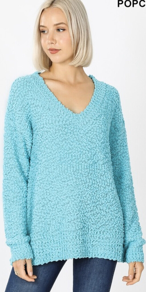 Mint V-neck Popcorn Sweater