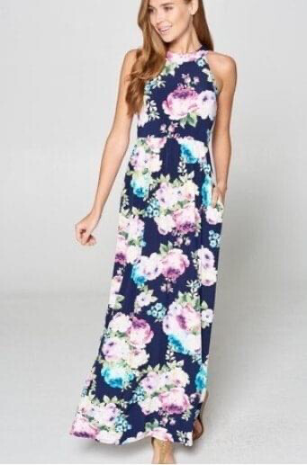 NAVY FLORAL LONG DRESS