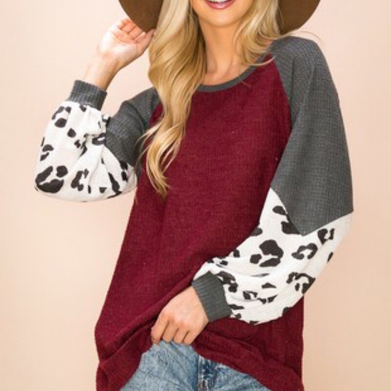Burgundy with Cheetah Print Puff Sleeves Top