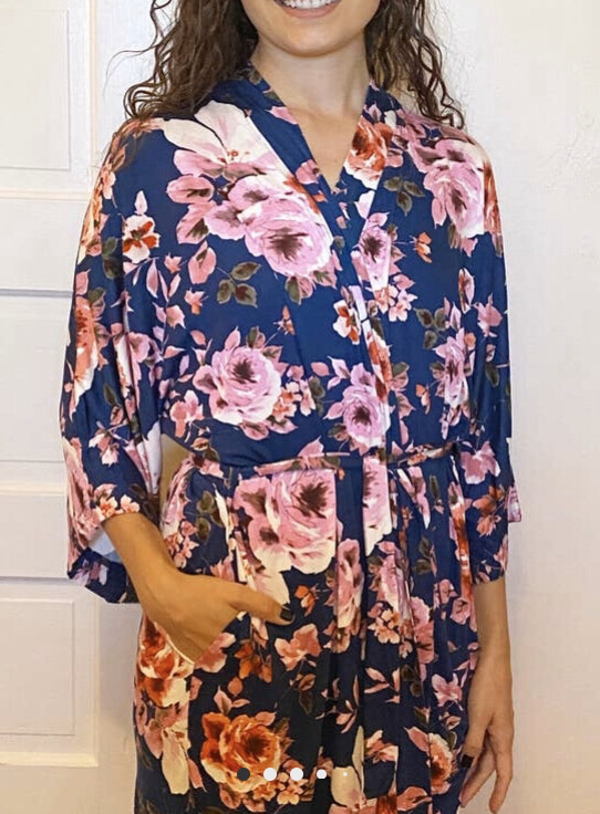 Ocean Blue Floral Kimono Robe L/XL