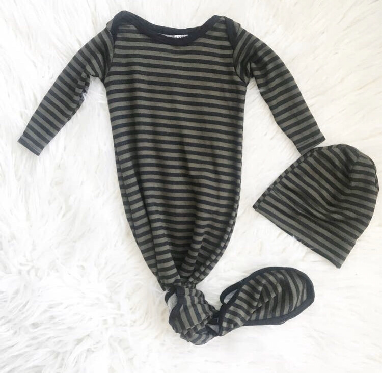 Olive Stripe Knotted Gown & Hat Set