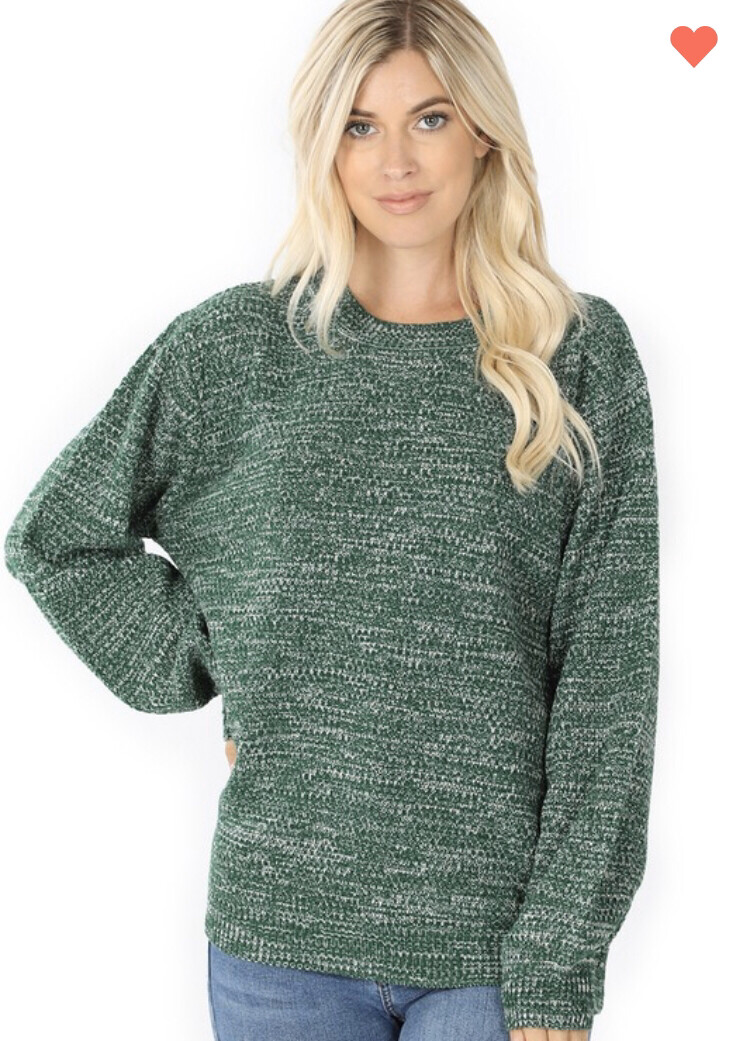 Dark Green Melange Balloon Sleeve Sweater