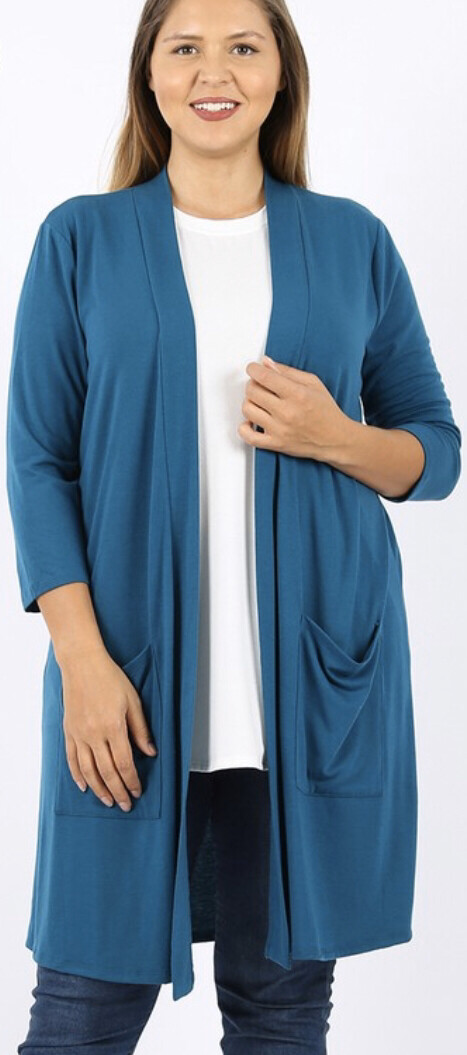Teal 3/4 Sleeve Cardigan with Pockets