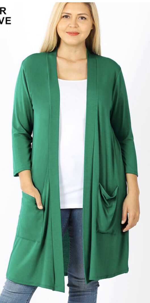 Kelly Green 3/4 Sleeve Cardigan with Pockets