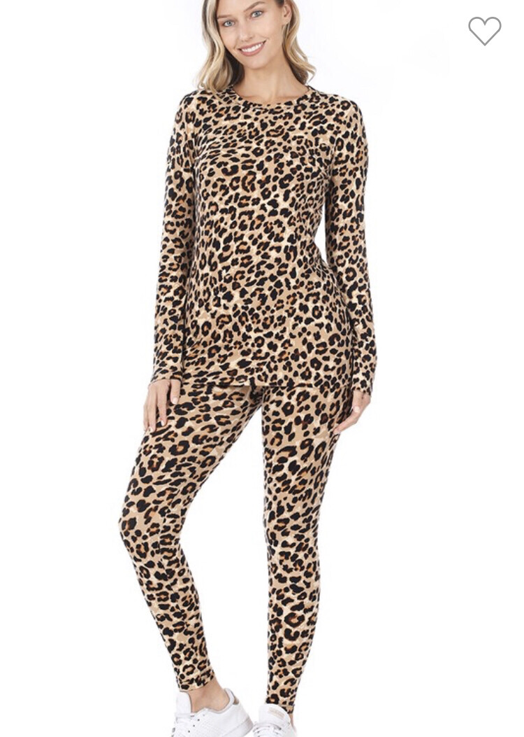 Brown Leopard Microfiber Top & Legging Set
