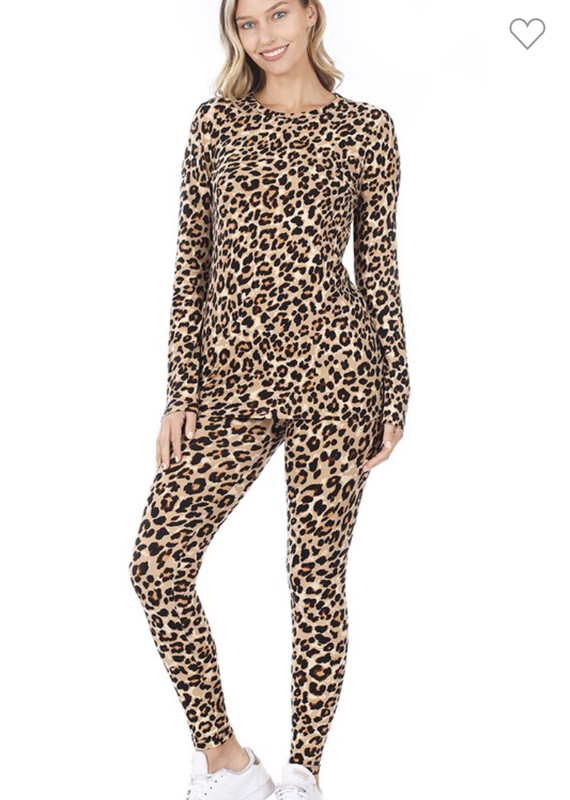 Brown Leopard Microfiber Top & Legging Set