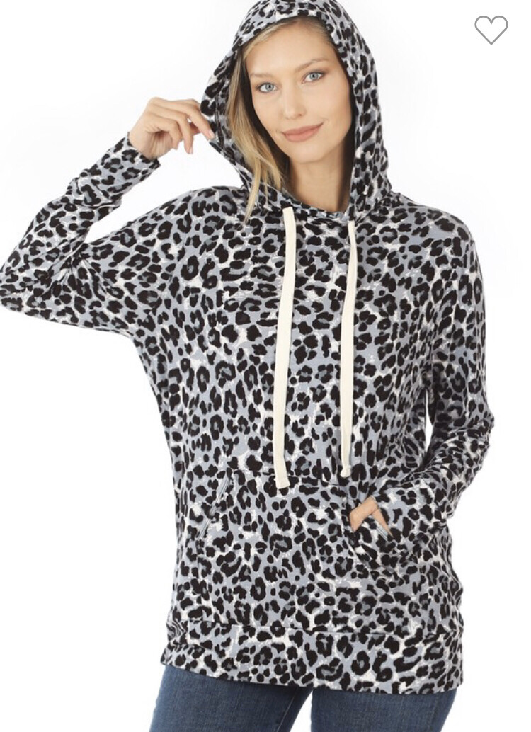 Grey Leopard Hoodie with Pocket