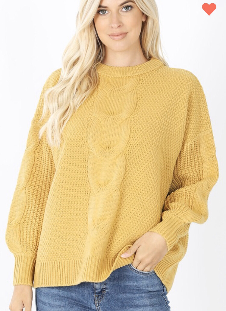 Mustard Cable Knit Balloon Sleeve Sweater