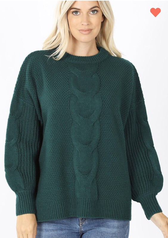Green Cable Knit Balloon Sleeve Sweater