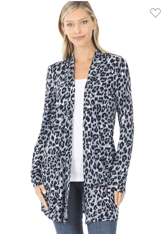 Grey Leopard Long Sleeve Lightweight Cardigan with Pockets