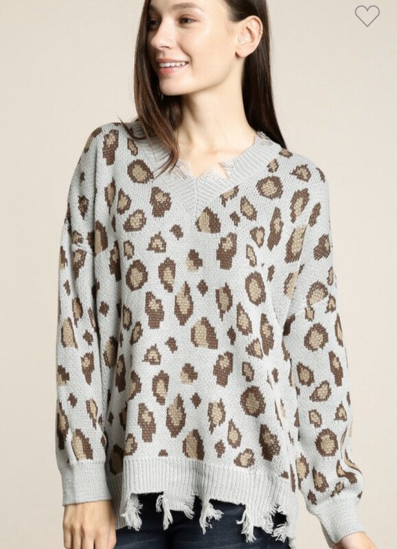 Oxford Grey Leopard Freyed Knit Sweater
