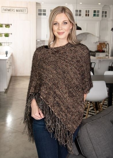 Asymmetrical Fringe Poncho-Taupe