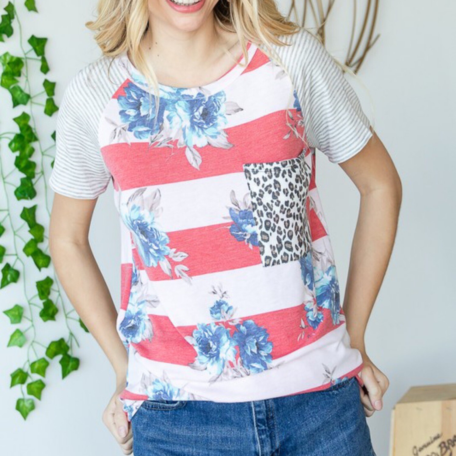 Coral Strip Floral Top