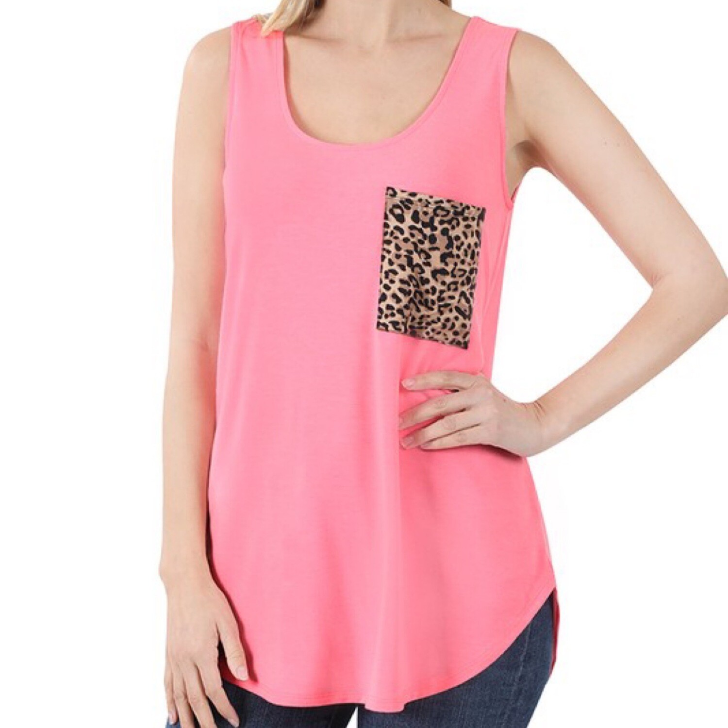 Bright Pink With Leopard Pocket Tank