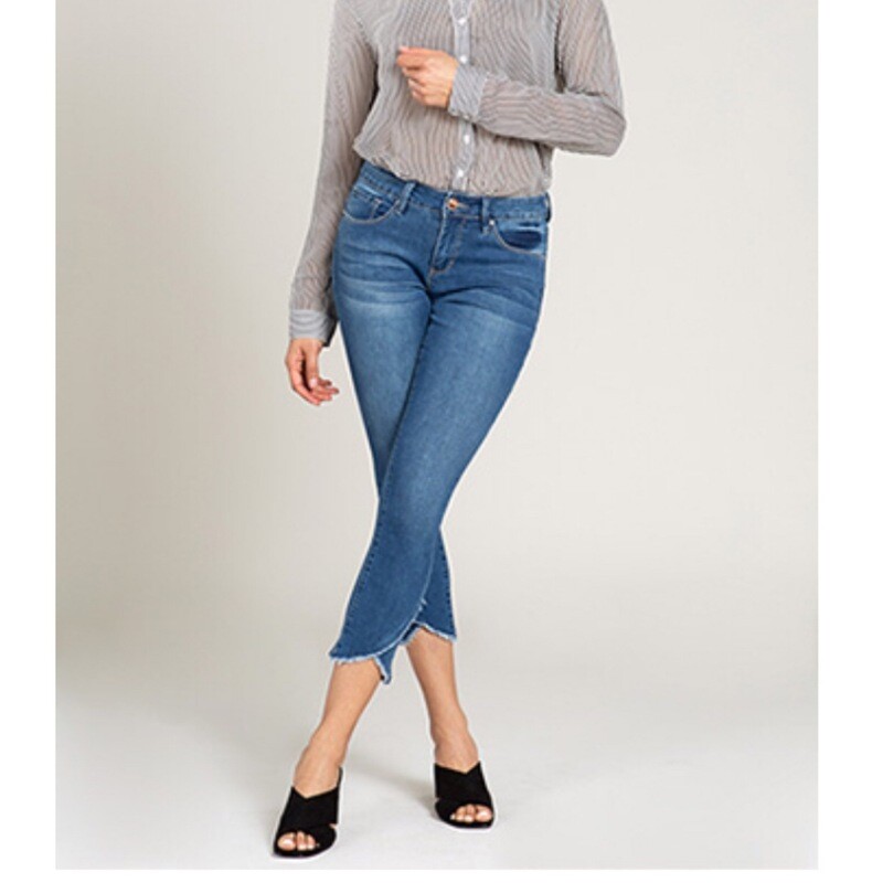 Mid-Rise Denim Ankle Jean with Cross Over Fray Hem