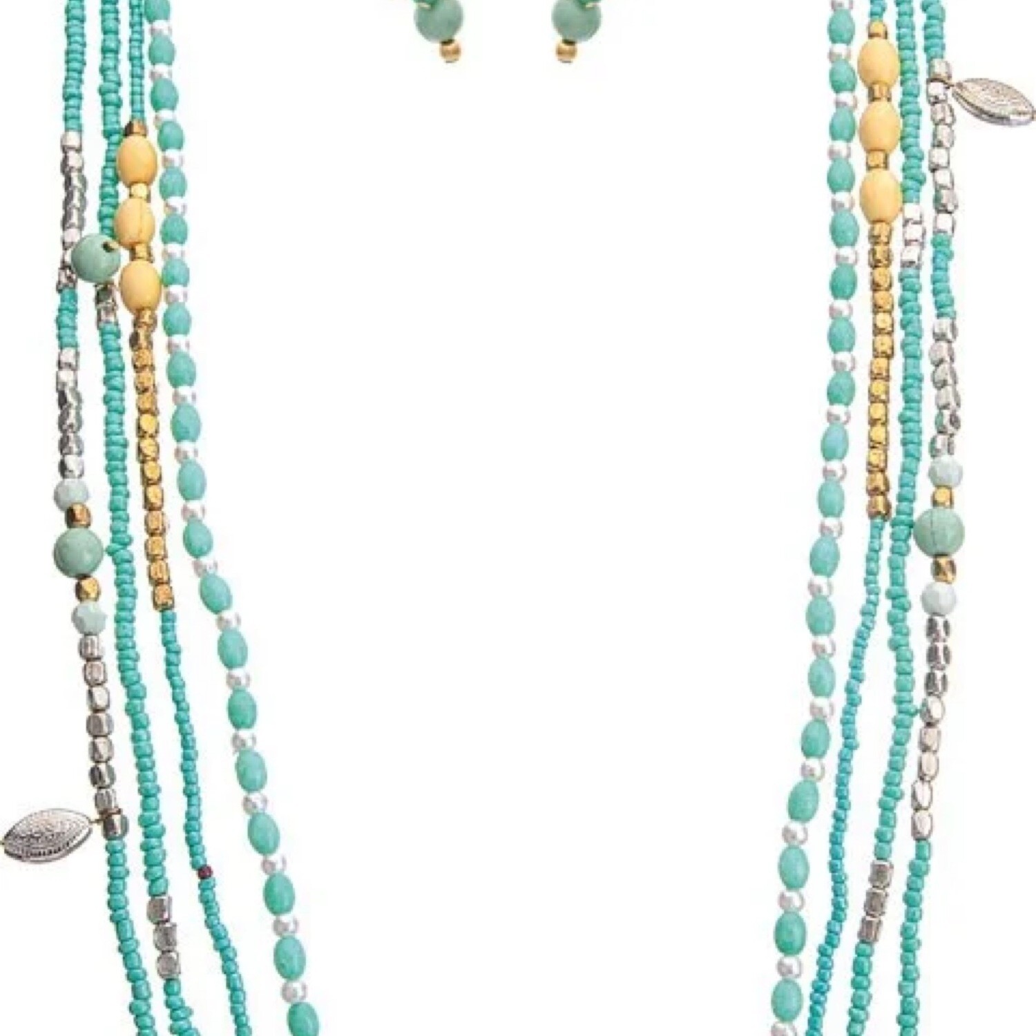 SILVER TURQUOISE BEADED LONG NECKLACE SET