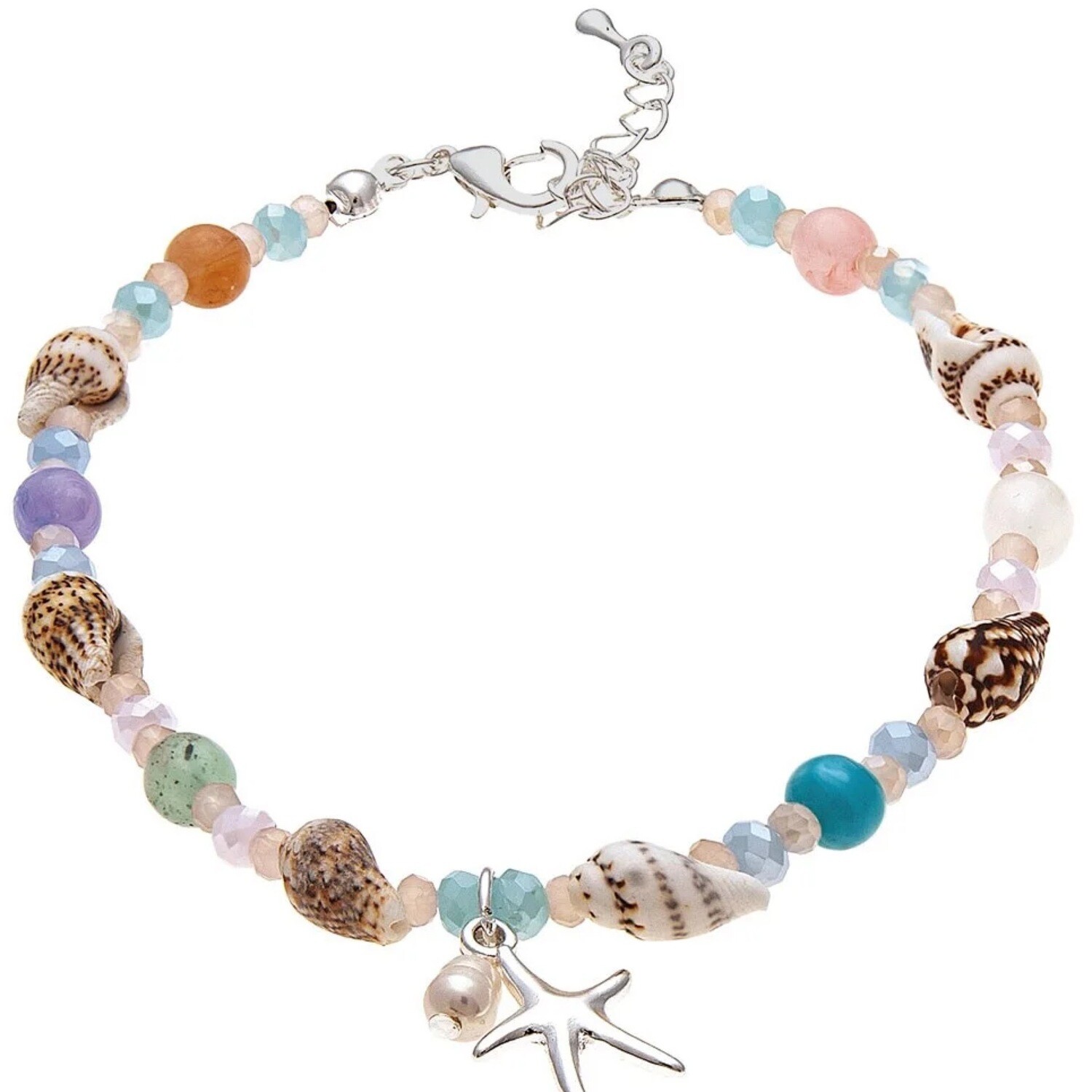 SILVER SHELL MULTICOLORED BEAD STARFISH ANKLET