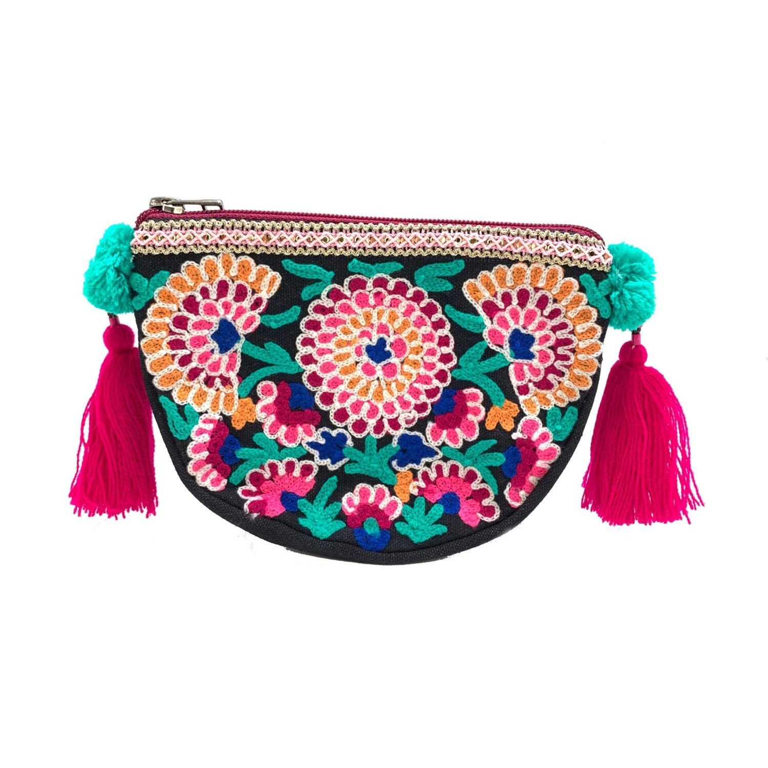 Embroidered Black Floral Pouch