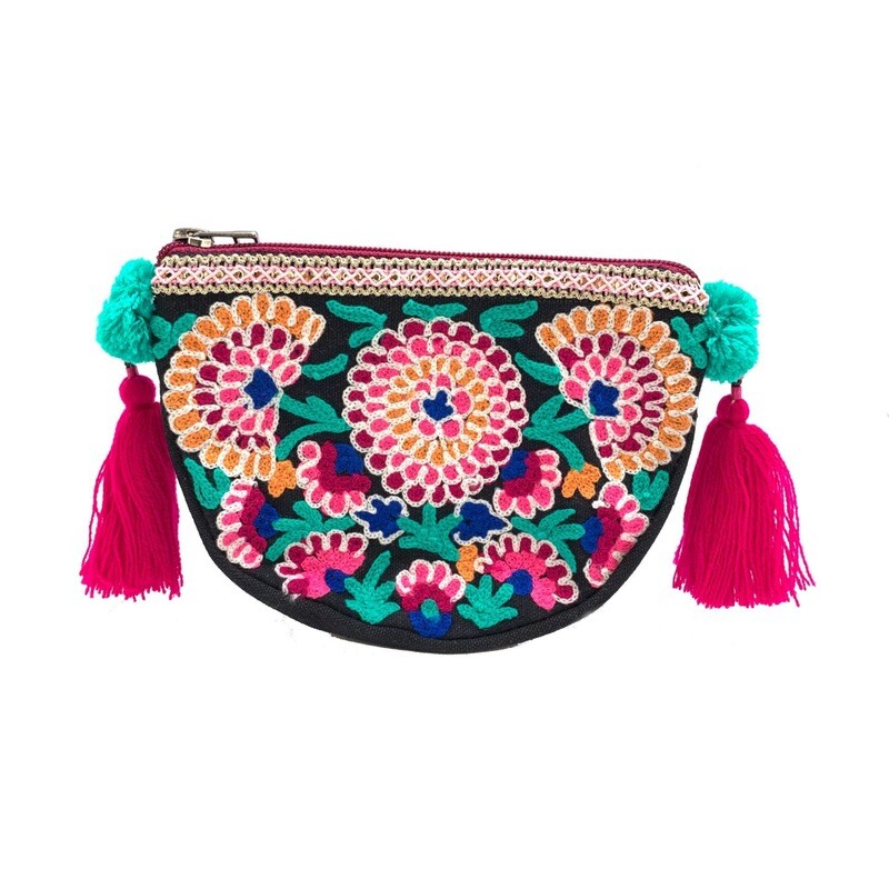 Embroidered Black Floral Pouch