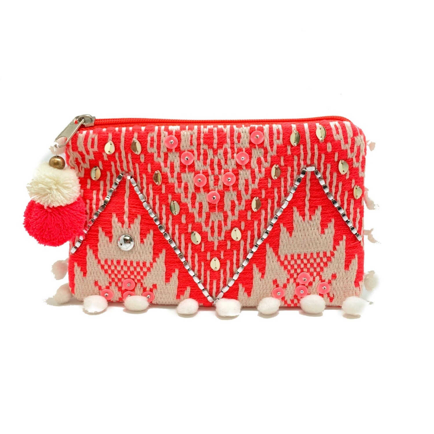 Beaded Pink & Cream Pom Pom Bag