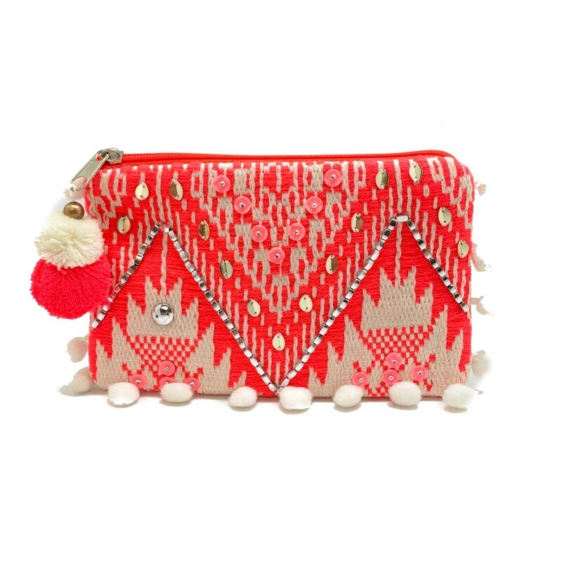Beaded Pink & Cream Pom Pom Bag