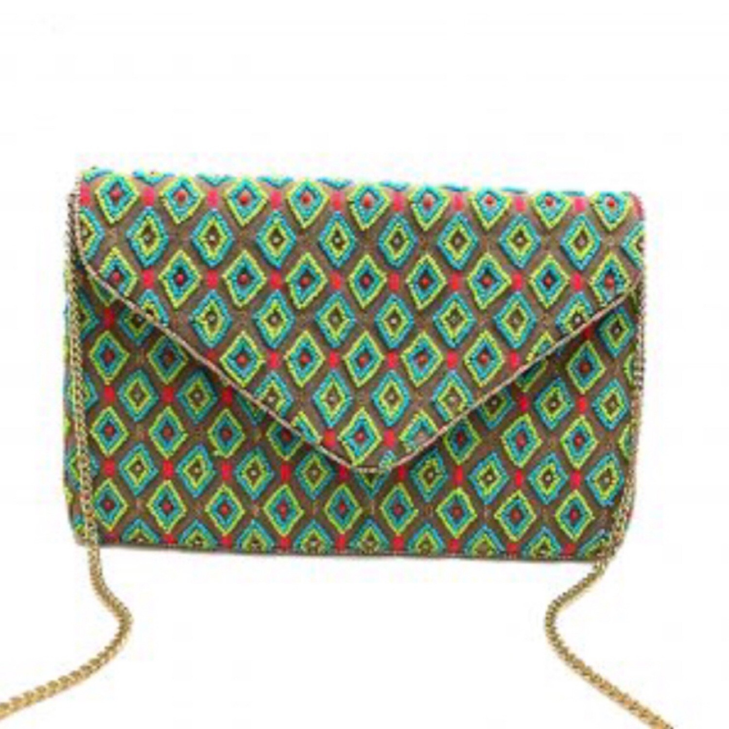 Green Rhombus Beaded Clutch