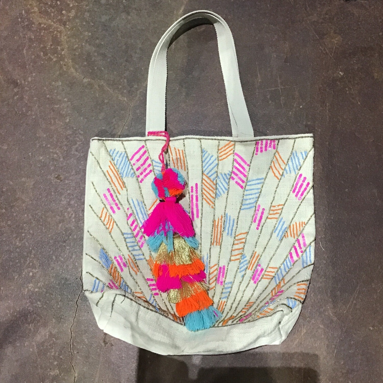 Cream Woven Tote with Pink