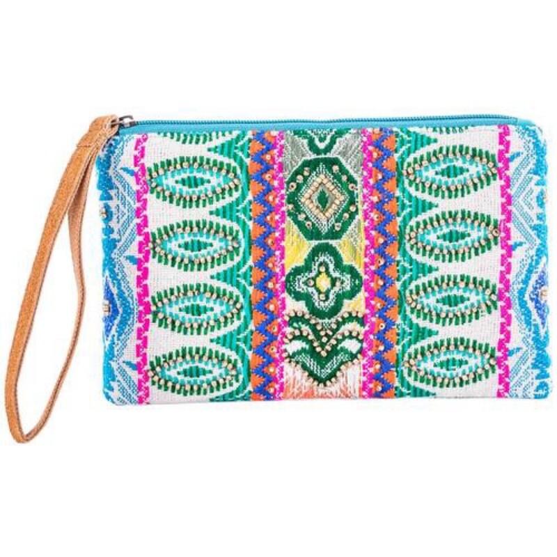 Green/Blue/Pink Wristlet with Leather Strap