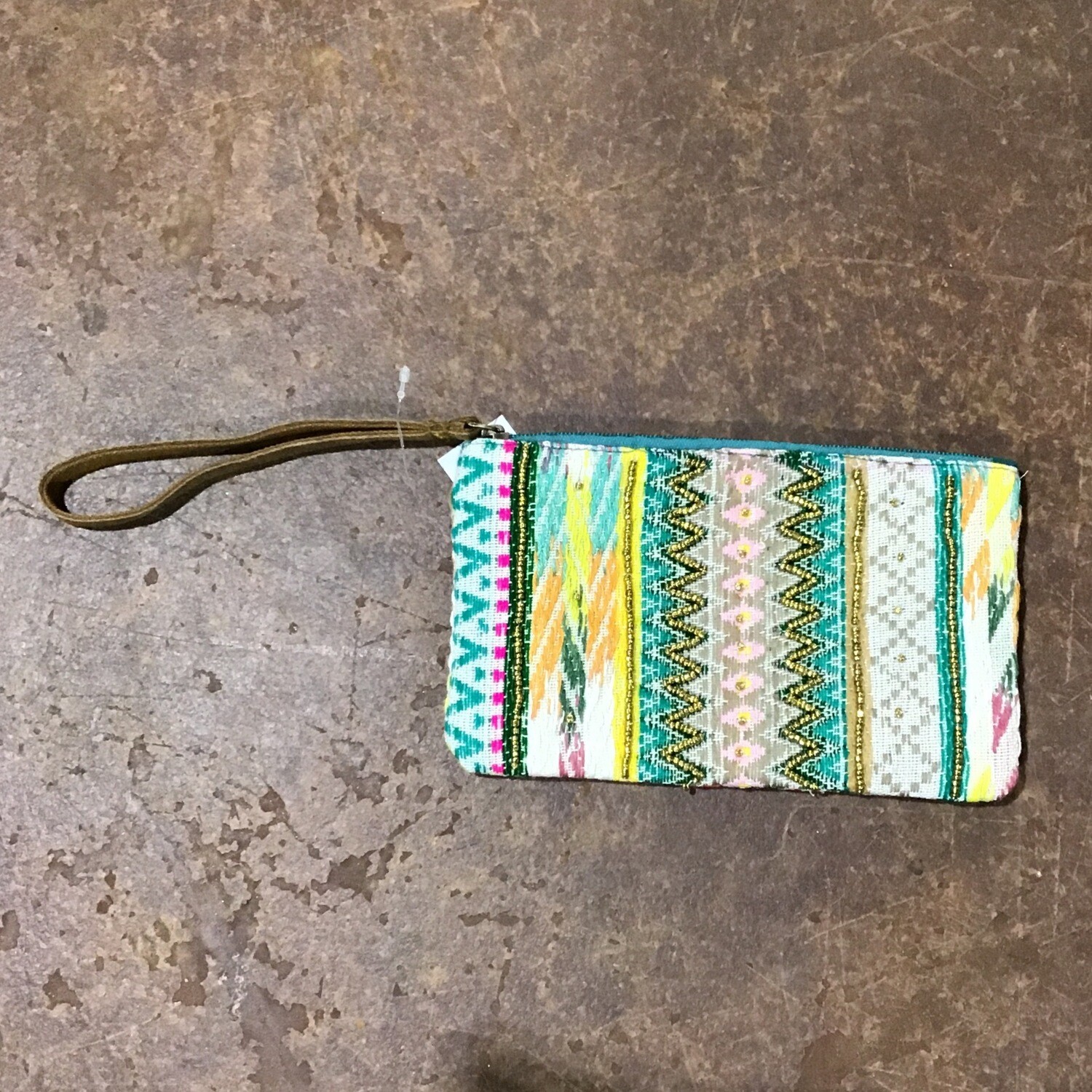 Green/Yellow/White Wristlet with Leather Strap