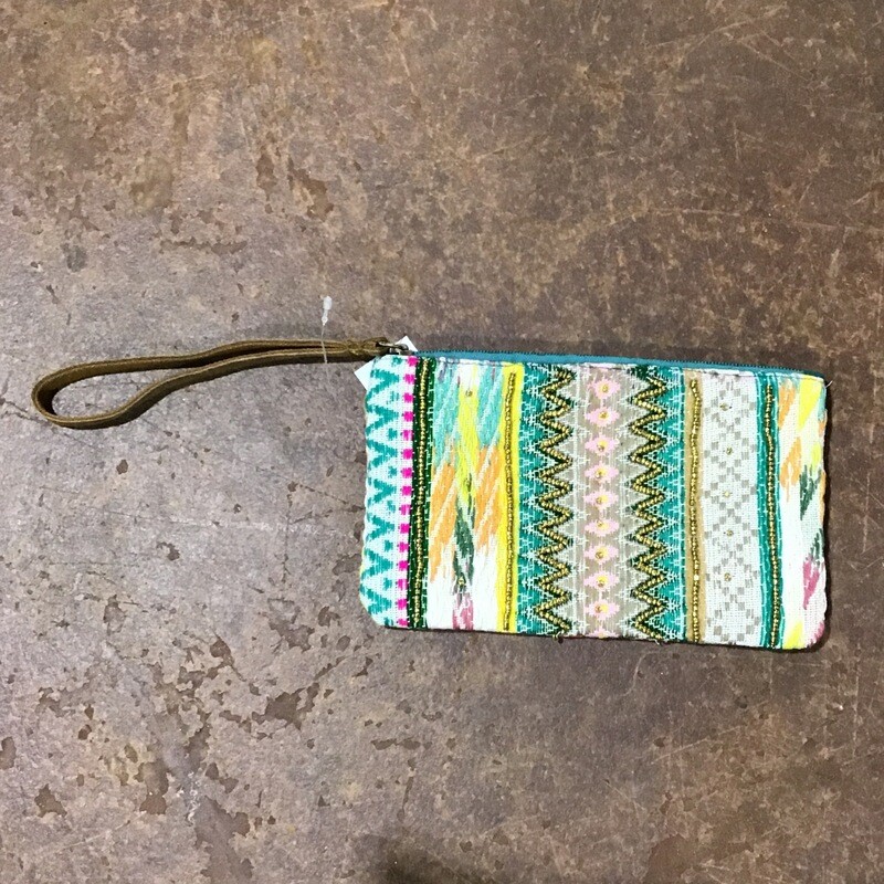 Green/Yellow/White Wristlet with Leather Strap