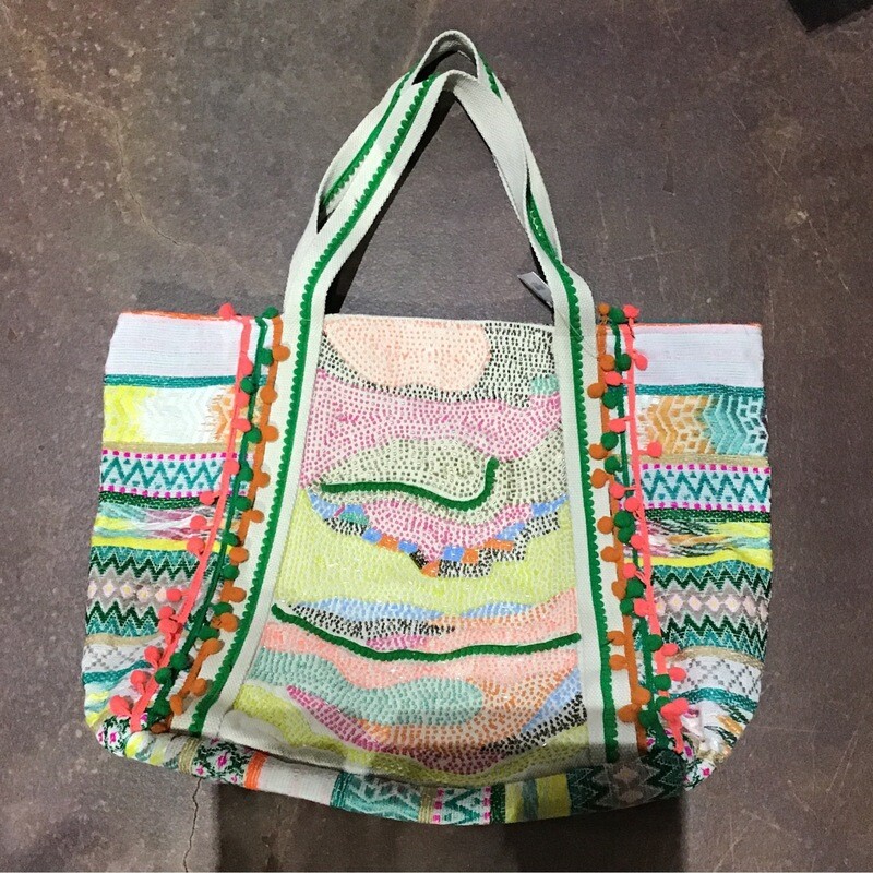 Green/Yellow/Orange Woven Tote with Seed Bead Design