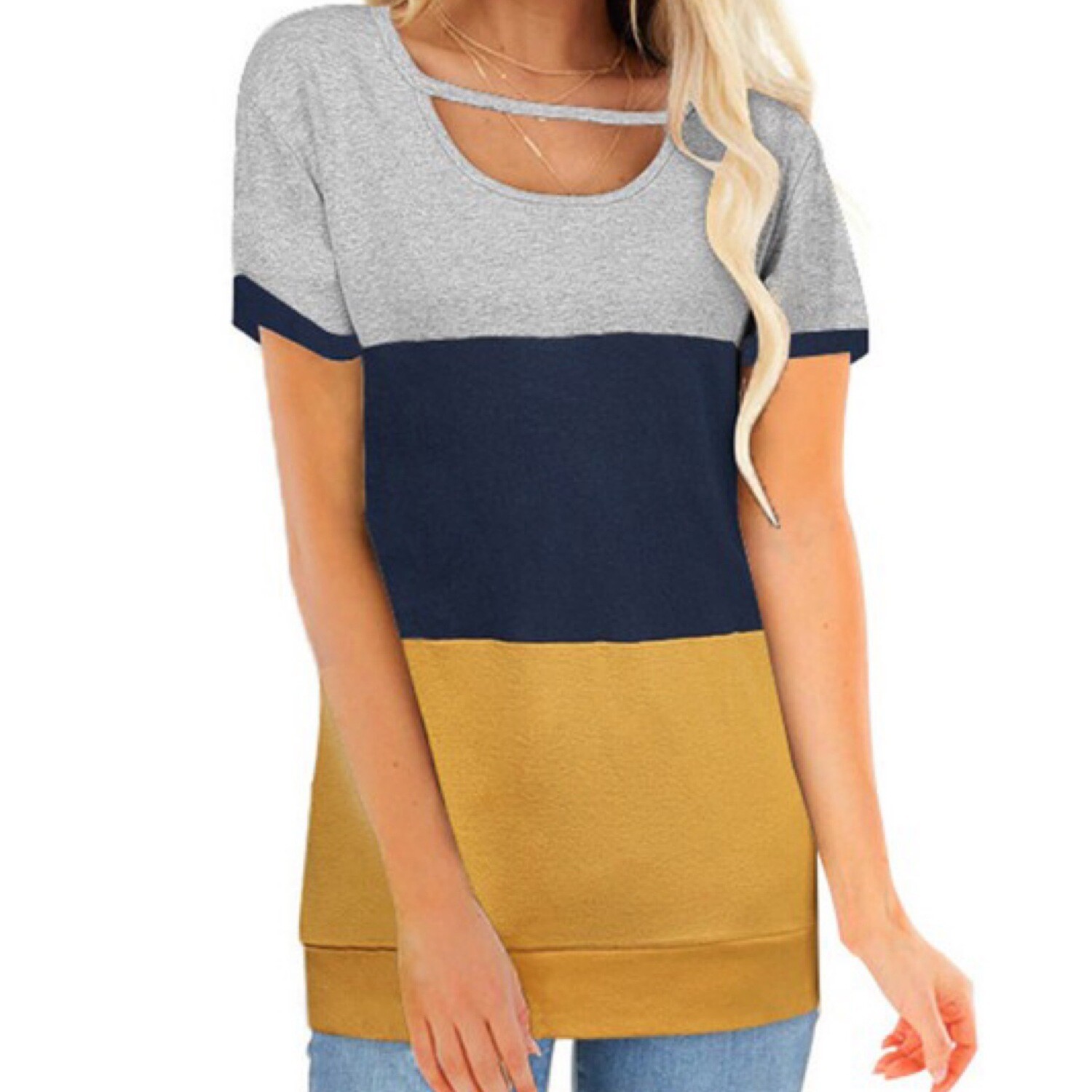 Multi Color Keyhole Neck Short Sleeve Top