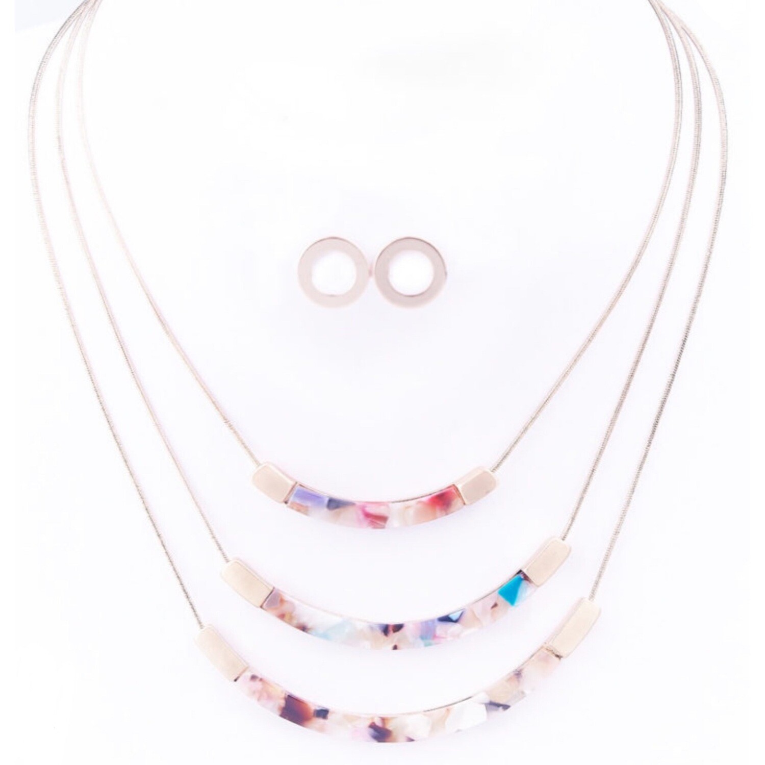 Triple Chain with Multi-Color Acrylic Curved Bar Necklace