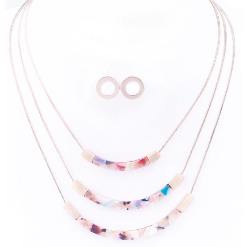 Triple Chain with Multi-Color Acrylic Curved Bar Necklace