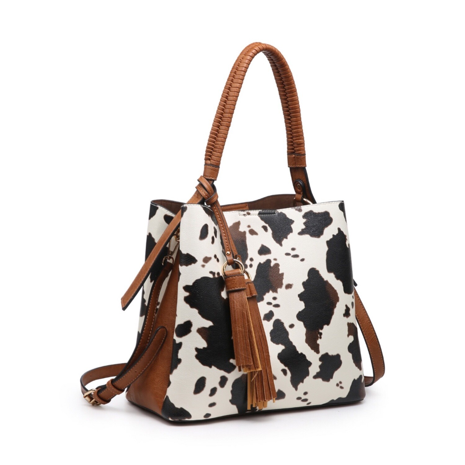 Animal Print Contrast Hobo in Cow-White
