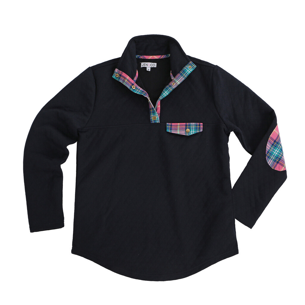 Quilted Snap Button Pullover Navy Plaid